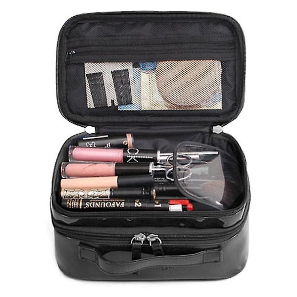 Kvinnor PU Makeup Väska Svart Dubbel Lager Vattentät Toalettväska Researrangör Kosmetolog