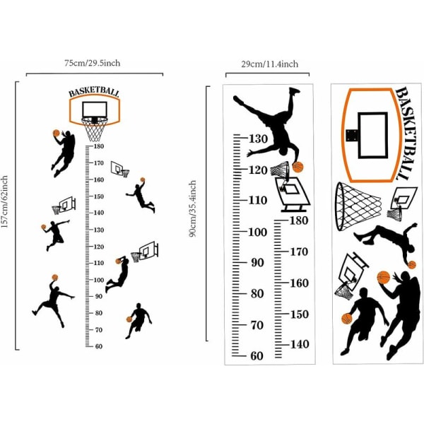 longziming Storlekstillväxtdiagram Set Basketskott Sport Självhäftande storleksdekaler för sovrum (90 x 30)