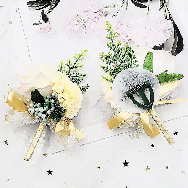2 stk. Champagner Bryllups Boutonniere, Bryllupsblomst Håndleds Corsage, Brudepiger Håndledsblomst Velegnet