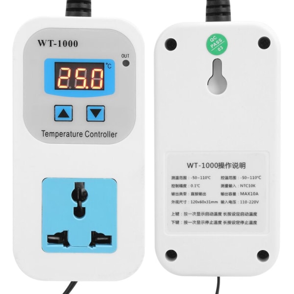 Temperaturregulator Elektronisk justerbar automatisk kontrolluttag 10A WT-1000 110-220V (EU-kontakt)