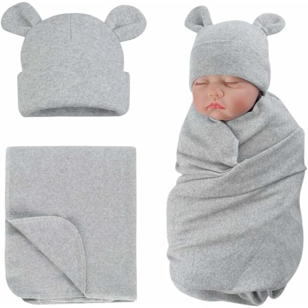 Bomullsfilt med nyfödd baby Söt björn nyfödd filt och hatt (grå)