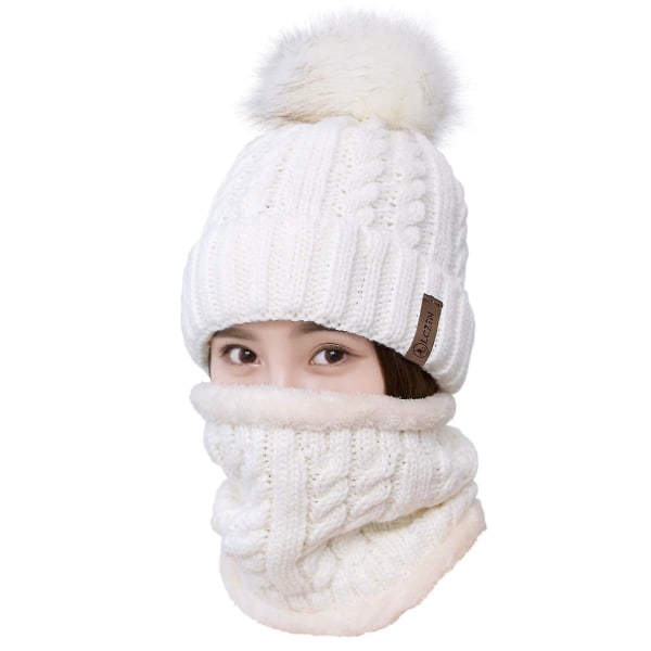 Dame Pom Beanie Hat Tørklæde Sæt Piger Vinter Ski Hat Slouchy Strik Hue med Fleece foret (Hvid)