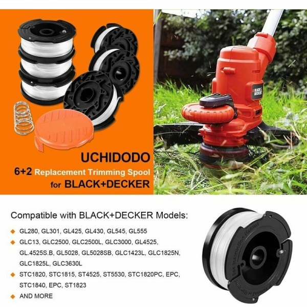 Trimmertrådar för Black and Decker gräsklippare, 6 trimmertrådar med 1 trådhållare och 1 fjäder