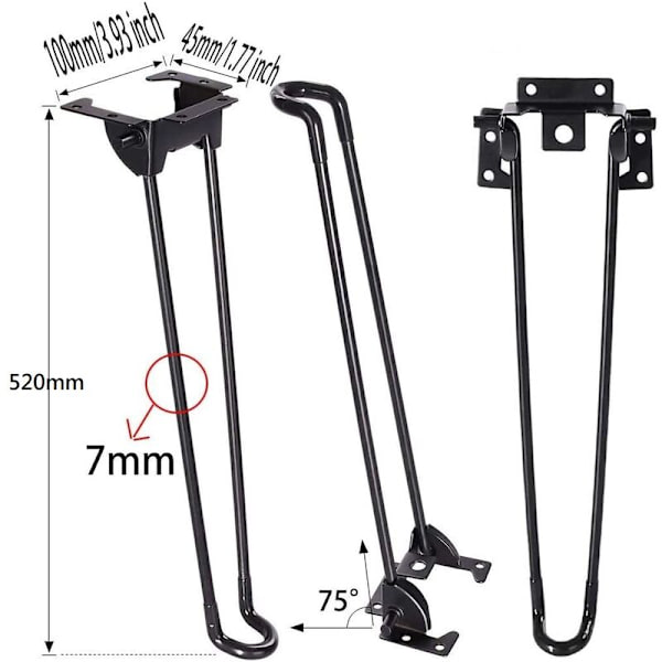 Fällbara bordsben 4-pack Hårnålsformade fällbara bordsben 52 cm höjd Svart Hög hållfasthet Lätt att installera Fällbart soffbordsben