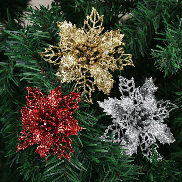 En uppsättning av 12 konstgjorda julgransblommor (silver, 10 cm)