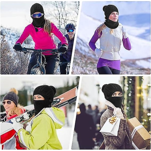 Vinter varm strikket capneck varmesett, fleksibel strikket lue med hårball, justerbar maske for kvinner for utendørs sport Svart