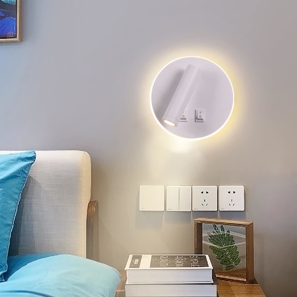 Sengelampe LED væglampe med afbryder sort 3w+9w (rund hvid)