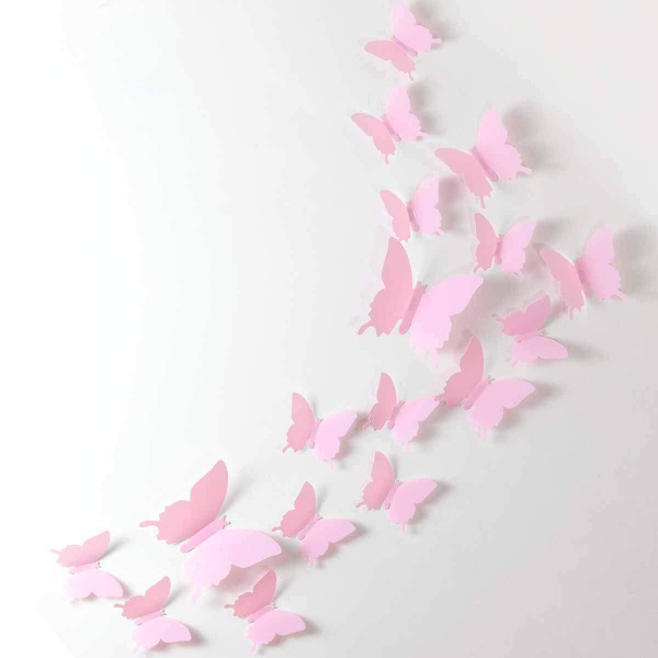 24 stk 3D sommerfugl flyttbare veggklistremerker for hjem og romdekorasjon (rosa)
