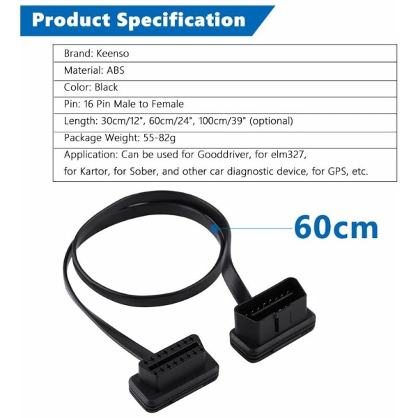 Autobil 16-stifts hane till hona OBD2 förlängningskabel diagnostisk adapter 60 cm/24 tum längd