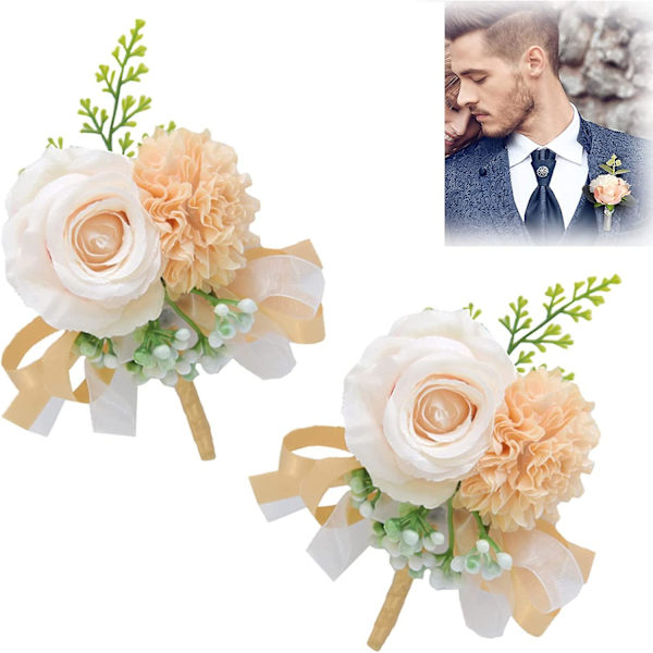2 stk. Champagner Bryllups Boutonniere, Bryllupsblomst Håndleds Corsage, Brudepiger Håndledsblomst Velegnet
