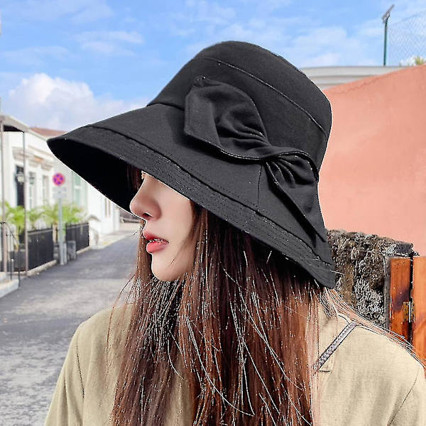 Dame Solid Farve Sløjfe Bred Skygge UV Beskyttelse Sommer Solhat Spand Hætte（Khaki）