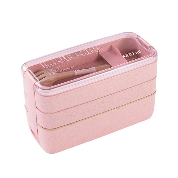 Bærbar Bento-boks, 3-lags lunsjboks, 900 ml hvetestrå middagstallerken matbeholder rosa (rosa)