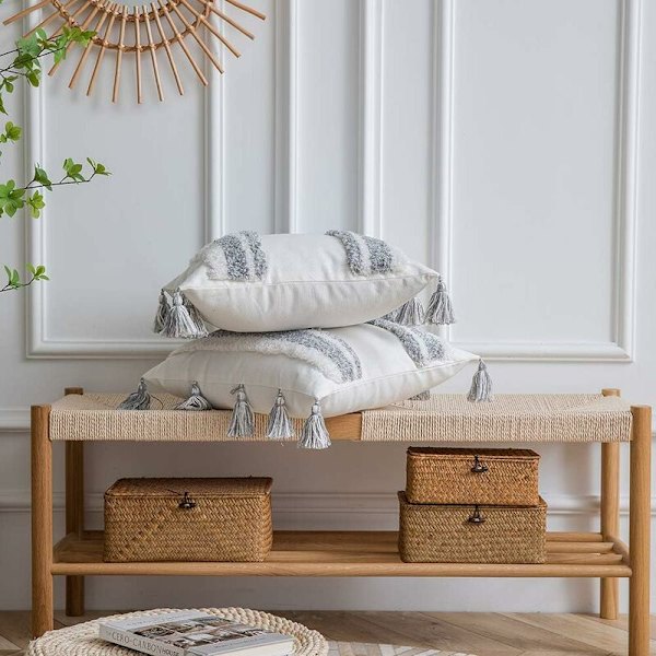 Kuddfodral - 2-pack 100 % bomull vävd tuftad fyrkantig kuddfodral med fransar för soffa soffa madrassöverdrag grå