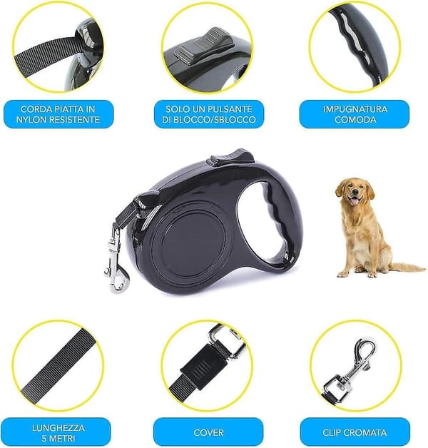 Udtrækkelig snor til mellemstore og små hunde, 5 meter (sort)