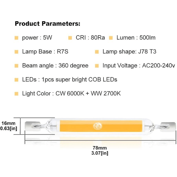 5w R7s 78mm J78 Cob Filament Led Pære, 500 Lumen 360 Grader, 30w 48w 50w Halogenpære Ekvivalent, Perfekt Til Hjem, Kjøkken, Rom, Balkong, Kontor Osb