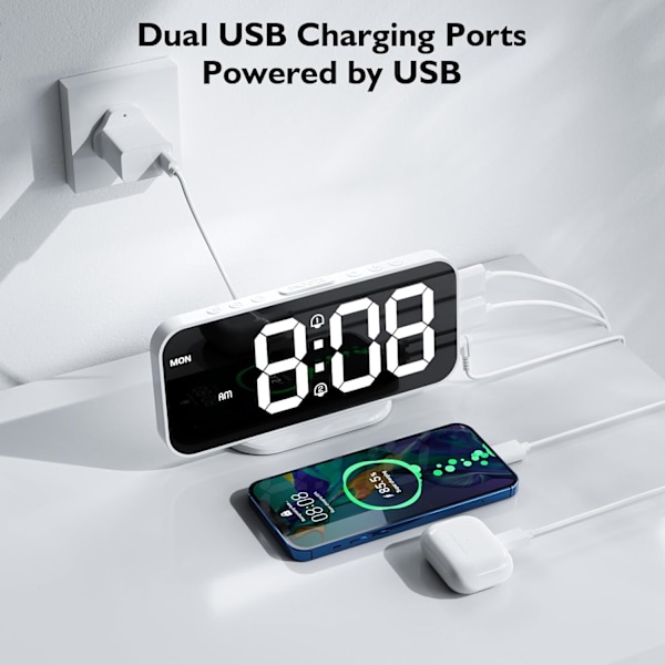 USB-driven dimbar digital väckarklocka med snooze-funktion och 2 USB-laddningsportar (vit)