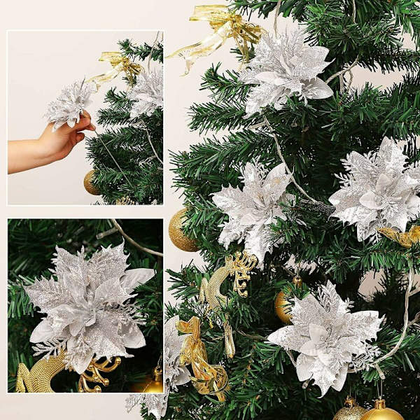 12 st konstgjorda julblommor, julstjärna, julblomma, julgransdekoration, konstgjorda julblommor (silver)