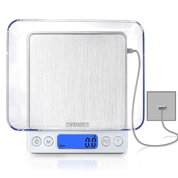 Piao digital köksvåg, USB-laddning, 3 kg/0,1 g, minielektrisk köksvåg, vattentät digitalvåg, USB-laddningsbar, LCD-display, rostfritt stål