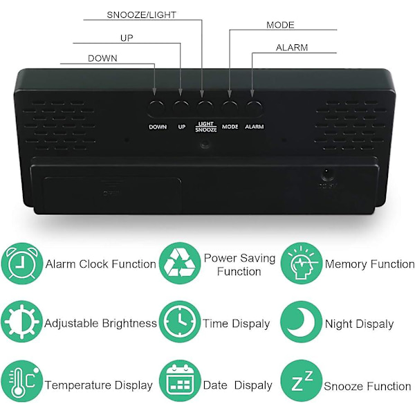 Digital väckarklocka, stor LED-display, spegelklocka med snooze-funktion och brig