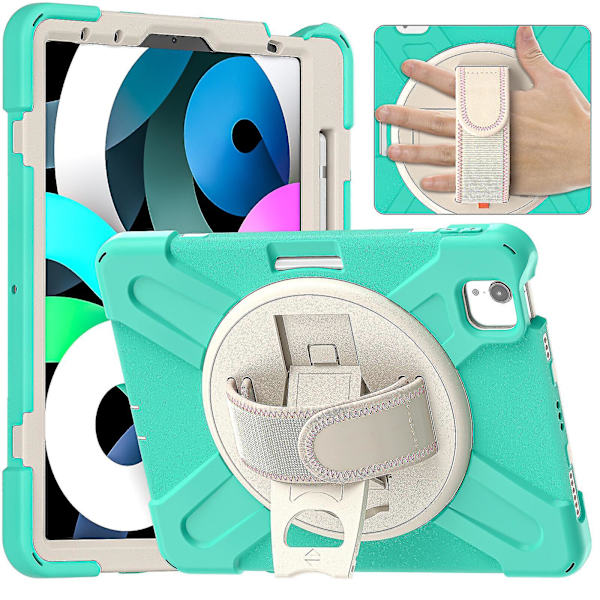 Nytt handrem-designfodral för iPad Air4 10,9 tum med justerbart stativ, pennhållare, fallskyddsskydd（Mintgrön）