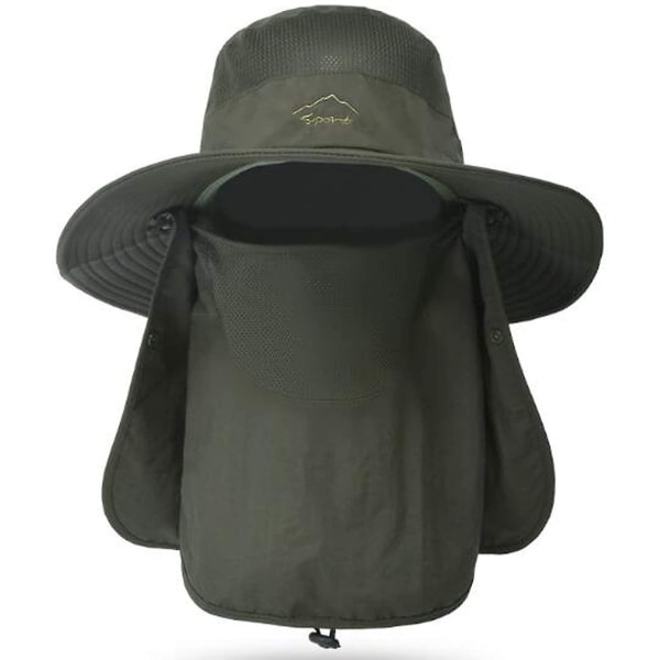 Fiskehat til mænd og kvinder, udendørs Uv-solbeskyttelse Hat med bred skygge med ansigtsdæksel og nakkeklap (Army Green)