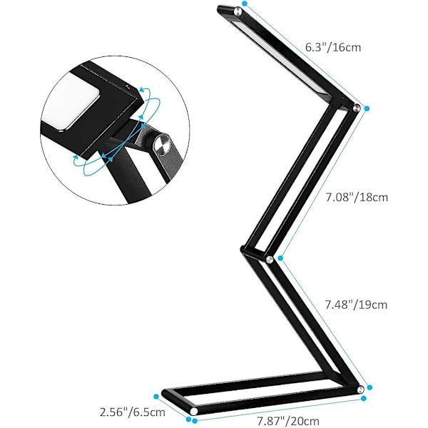 Led-skrivebordslampe, sammenleggbar trådløs USB-oppladbar bordlampe, svingbart lampehode, 3 dimbare moduser for soverom, kontor, høyskole, camping (svart)