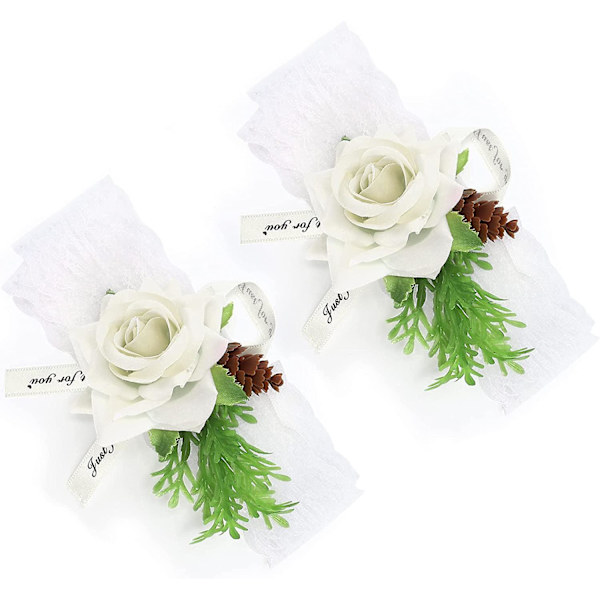Håndleddsblomster til bryllup - 2 stk brudesilke håndleddsblomst brudeblomster bryllupsseremoni dekorasjonstilbehør (hvit)