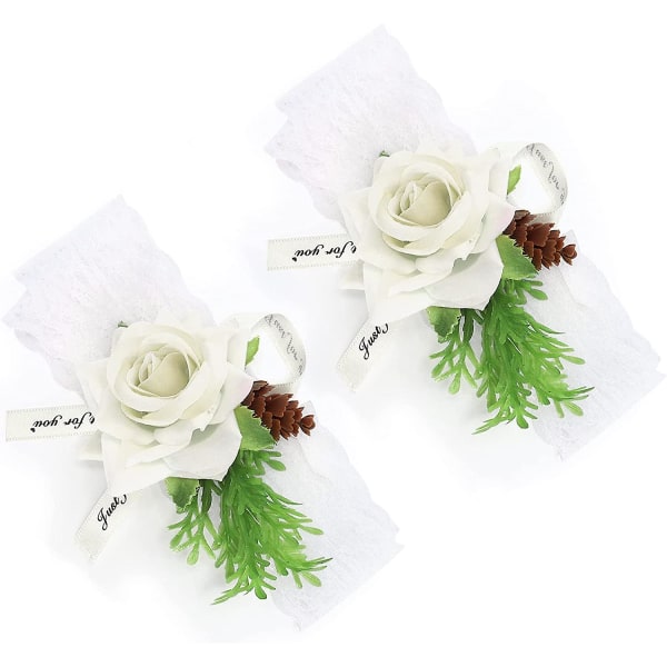 Handledsblommor för bröllop - 2 st brudtärnas sidenhandledsblommor bröllopsceremoni dekoration (vit)