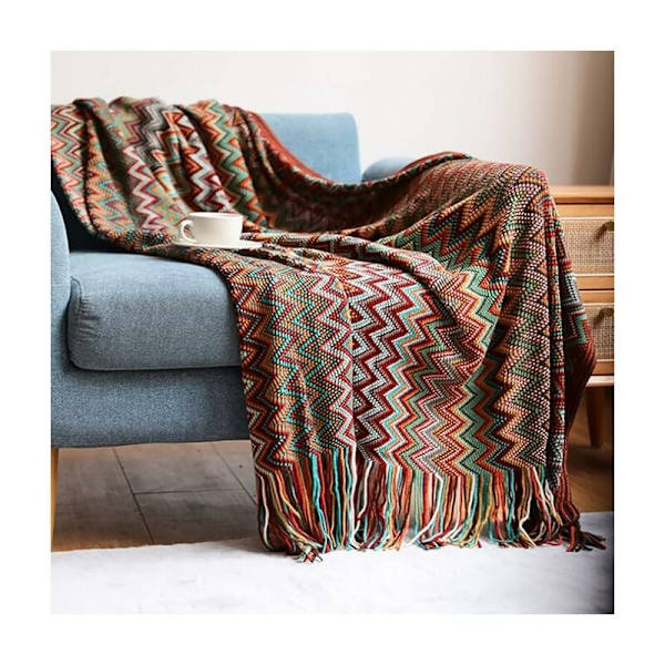 Bohemisk fransad filt, stickad sofffilt för vardagsrum 130x170cm (röd)
