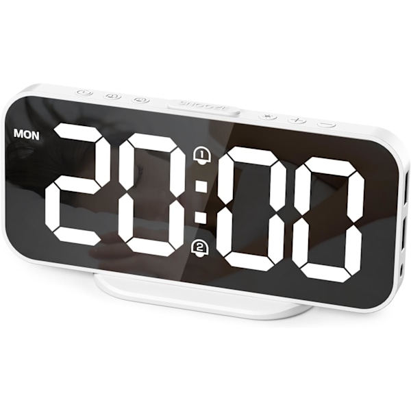 USB-driven dimbar digital väckarklocka med snooze-funktion och 2 USB-laddningsportar (vit)
