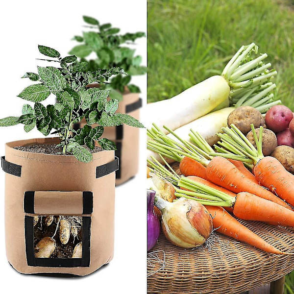 3 st plantpåsar, plantpåsar i non-woven tyg, potatispåse, plantpåse för potatis, grönsaker, blommor, växter (35 x 40 cm, brun) Aa（3 st）