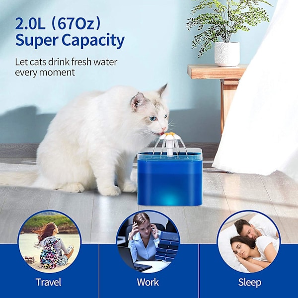 Automatisk vattenfontän för husdjur, automatisk dispenser kompatibel med 2 l katt hund, fyrfaldigt filtreringssystem, med LED-ljus och synligt fönster