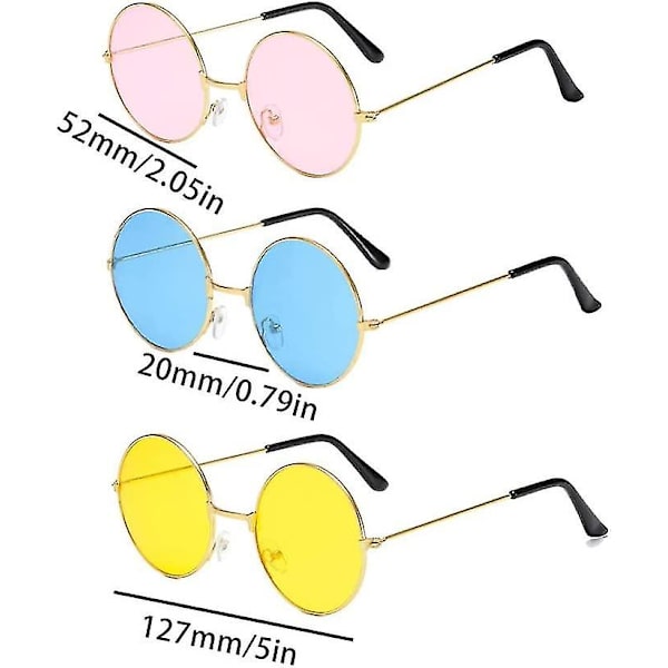 Pyöreät aurinkolasit Retro Hippie Pyöreät Värilliset Lasit Siniset Pinkit Keltaiset Linssit 3 Paria, Värilliset Aurinkolasit (Pinkki+Keltainen+Sininen 3 Kpl)