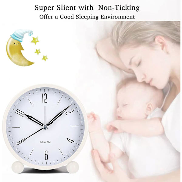 Analog väckarklocka utan tickande - 4 tums stor urtavla med nattlampa, analog kvartsväckarklocka med högt alarm, tyst, batteridriven
