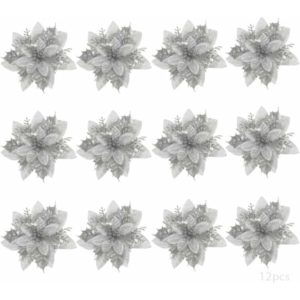 12 st konstgjorda julblommor, julstjärna, julblomma, julgransdekoration, konstgjorda julblommor (silver)