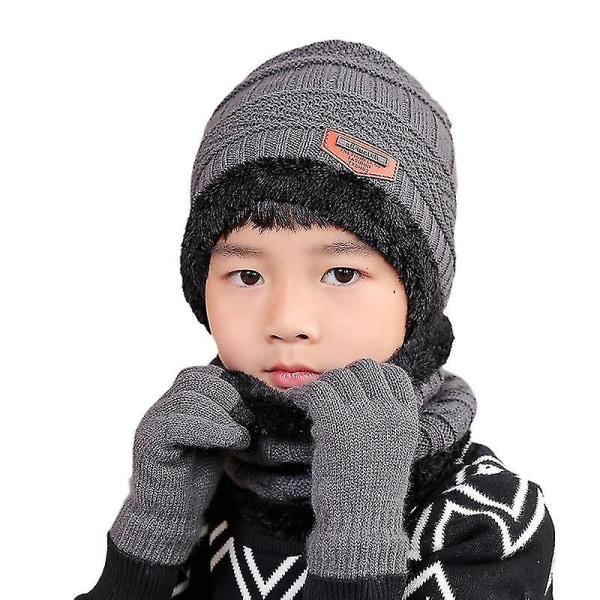 Stickade mösshalsdukar för barn Handskar Kit Barn Vinter Varm stickad mössmössa Cap （Grå）