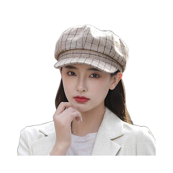Dame Plaid Stribet Baret, Retro Ottekantet Hat, Udendørs Newsboy Maler Hat