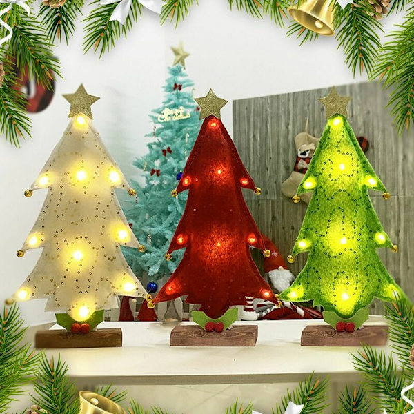 Julgran med ljusslinga Juldekorationer, minijulgran bord med julklappar, gröna juldekorationer
