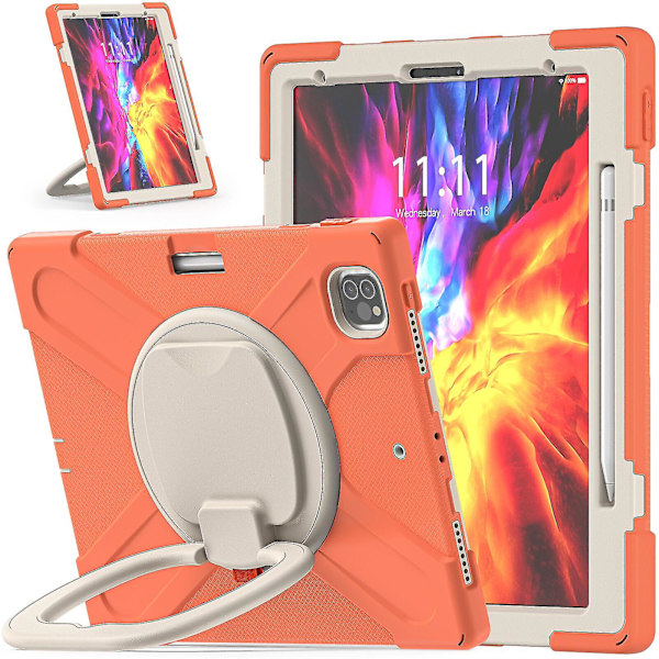 Nytt fodral för iPad Pro 12,9 tum 2021 med roterande stativ, stöttåligt, kameraskydd, pennhållare (korallorange)