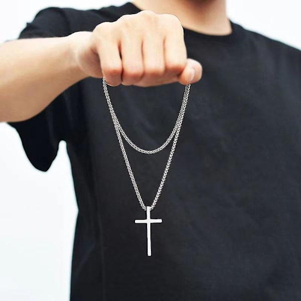 Halsband för män med korshänge - Silverkedja för män 60 cm tillverkad av rostfritt stål - Handgjord länkkätting - Födelsedagspresent till honom (Silverkors)