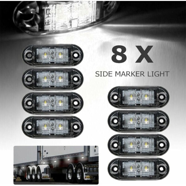 8st LED sidomarkeringsljus positionsljus främre bakre sidoljus 12V 24V universal för släpvagn lastbil husvagn van busstraktor, vit, 12V