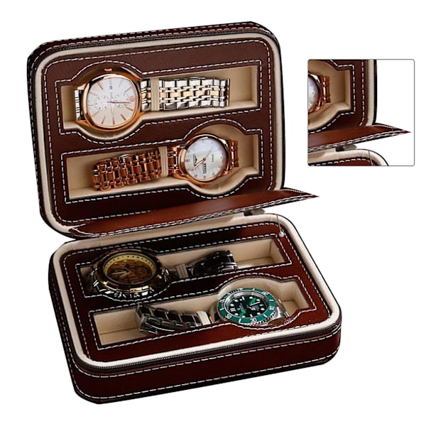 Urkasse Bærbar Lynlås Design Enkel Fashionabel Ur Opbevaring Oganizer Ur Etui Brun 4 Slots