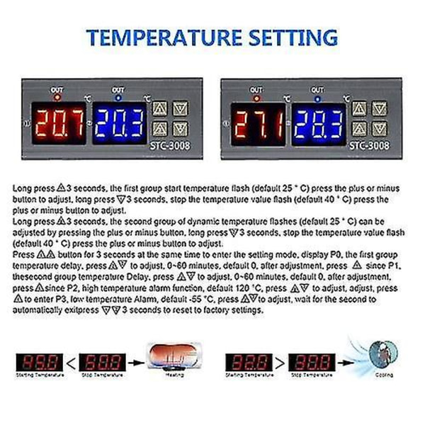 Dc 12v Dobbel Digital Display Termostat Temperaturregulator Temperaturkontroller