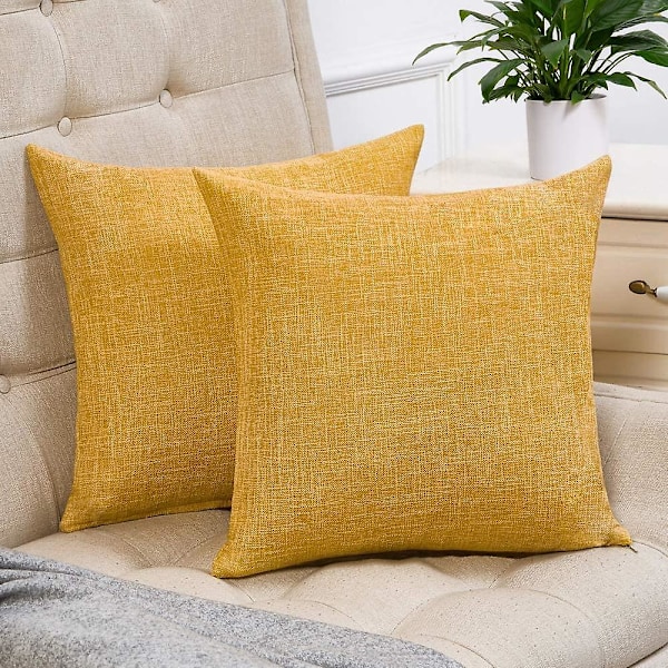 Set med 2 gule putetrekk Rustikk lin dekorative firkantede pynteputer 16x16 tommer for sofa sofa dekorasjon