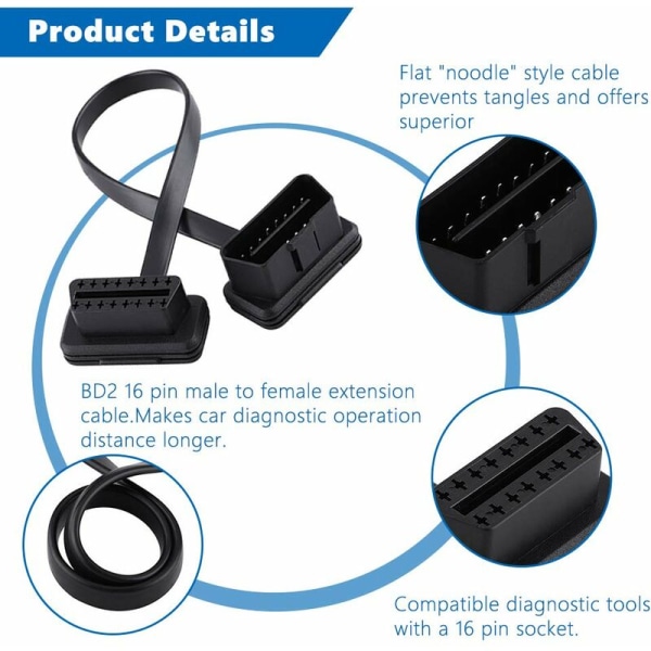 Autobil 16-stifts hane till hona OBD2 förlängningskabel diagnostisk adapter 60 cm/24 tum längd