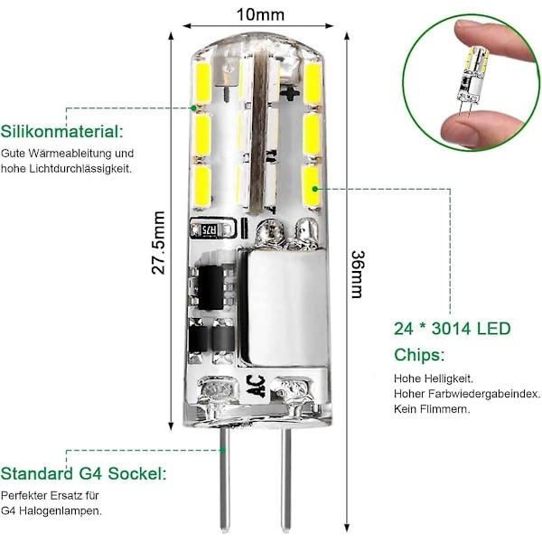 G4 LED-pære, 12v 2w svarende til 20w halogenpære, køligt hvidt lys 6000k, 180lm, ingen flimmer, energibesparende pære til emhætte-pendellampe