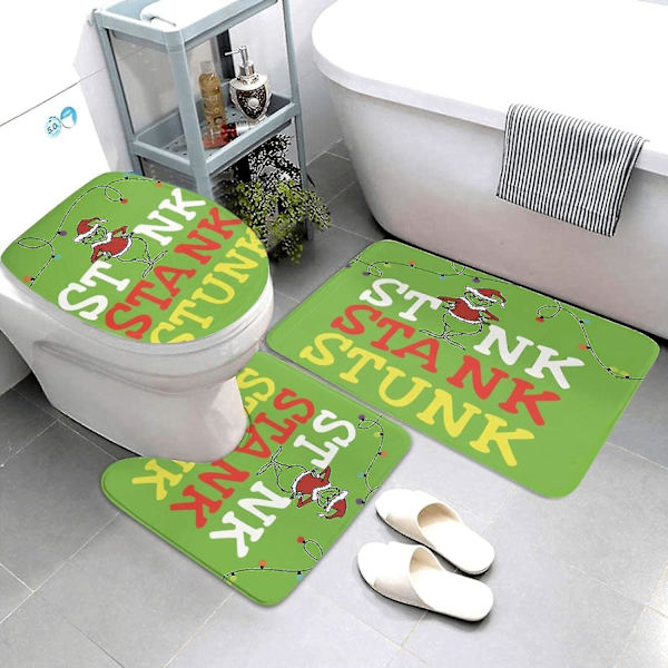 Sæt med 4 Stole Christmas 72 x 72 tommer Grinch2 bruseforhængssæt med skridsikkert tæppe, toiletdæksel a