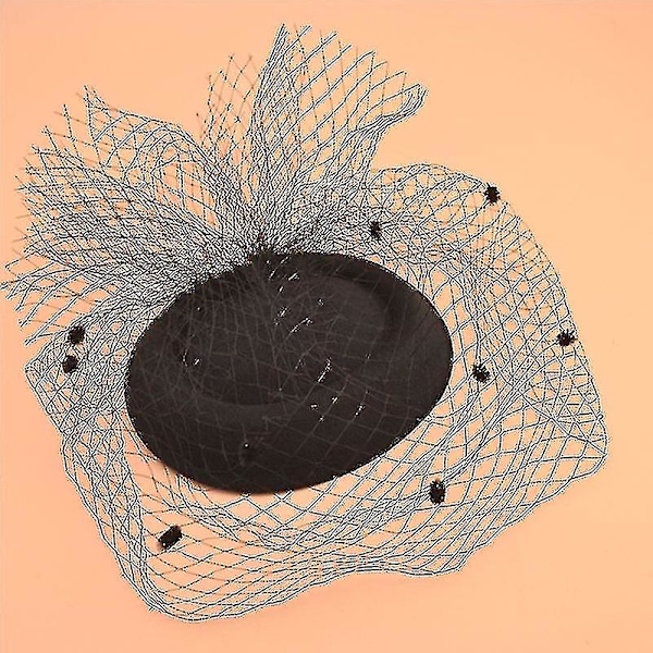 Hatt i filt for kvinner, topphatt med mesh-slør, liten plysj med polka dots, dekorativ hårklipp, bryllup, brude, cocktail, hodeplagg, 1 stk, svart
