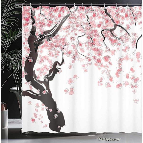 Blomster bruseforhæng, 180 cm x 200 cm, pink sort, kirsebærblomst træ, stof badeværelse indretning sæt wit