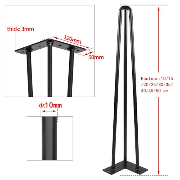 Möbelben 4 st hårnålsben DIY ben för bord stolsben med 3 stänger 16 skruvar + 4 fotskydd höjd 10 cm stångdiameter 10 mm